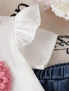 Conjunto de 2 piezas para bebé niña: Blusa de manga corta con bordado de corazón y pantalones vaqueros con estampado de corazón rosa de cintura elástica - Blanco - Ver 4