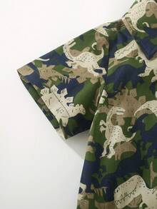 Boys' Summer Floral Print Single-Breasted Casual Shirt, School Style - Olive Green - View 5