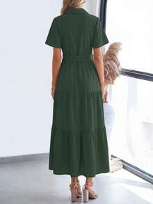 Women's Summer Dresses Short Sleeve Fluttering Multi Layers Beach Sundresses Buckle Wedding Shirt Dresses - 墨綠色 - 查看 2