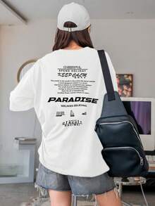Women's Oversized Printed T-Shirt - Cheerful Paradise Phrase - Loose, Casual, Stylish, Modern, And Cool Blouse - 白色 - 查看 4