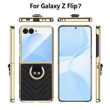 Fashionable Gold-Plated Ring Leather Phone Case With Phone Stand Function, Includes Tempered Glass Screen Protector, Compatible With Samsung Galaxy Z Flip 5/6/7 - Black - View 3