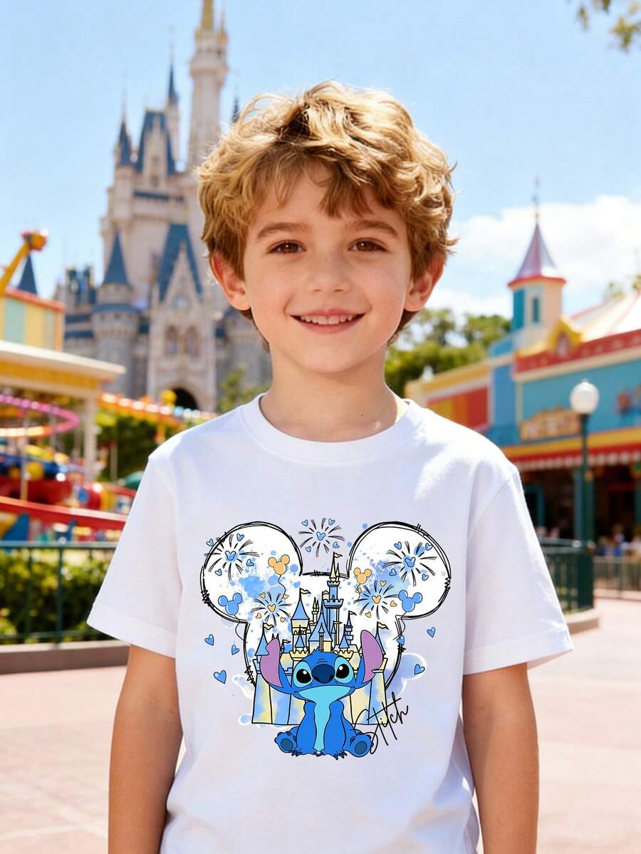 Disney Girls' T-Shirt, Creative Stitch Cartoon Print, Summer Cotton Crew Neck Short Sleeve For Girls, Perfect For Everyday Wear, Vacations, Outdoor Activities, And As A Gift For Kids. - 白色 - 查看 1