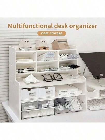 1-Piece Upgraded 6-Tier Thickened Wooden Desktop Storage Rack Room Decor Desktop Storage Rack Desktop Storage Shelf White Cosmetic Organizer Beauty Storage Rack Student Desktop Organizer Multi-Functional Desktop Storage Rack Suitable For Cosmetics, Office & Dorm Use Stationery Organizer Dorm & Office Small Item Storage Rack