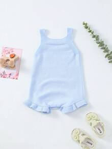 Bộ áo liền quần không tay bằng vải dệt kim mỏng nhẹ, thêu hoa cho bé gái, thích hợp cho mùa hè. - Màu xanh nhạt - Xem 7