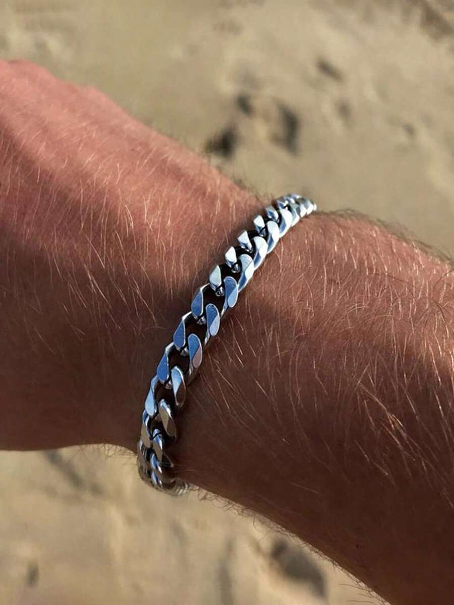 1pc Men's Cuban Chain Bracelet - Hip-Hop High Street Style Uncoated Metallic Texture, Suitable For Casual And Formal Occasions - Silver - View 1