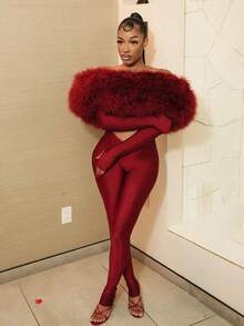 Sexy Fur Collar Long Sleeved Cut-Out Tight Jumpsuit Furry Long Pants Slim Fit Bodysuit One Piece Outfit Body Manga Larga Rompers Gift For Valentine's Day And Graduation Celebrations Birthday Party Clubwear - 酒紅色 - 查看 3