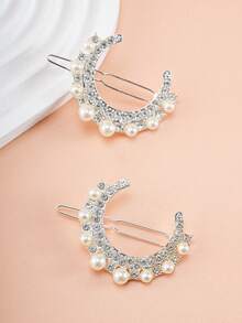 2pcs Girl's Rhinestone Moon Hair Clips, Faux Pearl Bangs Clips, Fashionable & Cute, Suitable For Daily Or Party Use - Multicolor - View 8