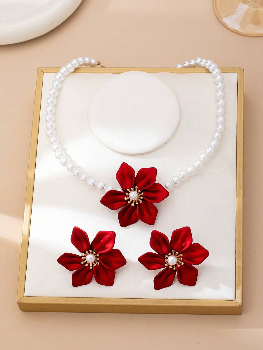 Bộ trang sức hoa ngọc trai giả cao cấp 3 món thanh lịch, sang trọng - gồm dây chuyền và bông tai, duyên dáng và tinh tế, phù hợp cho phụ nữ đeo hàng ngày hoặc làm quà tặng. - Đỏ - Xem 1