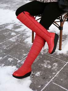 Platform Wedges Boots For Women Thigh High Outdoor Waterproof Boots Snow Over The Knee Boots Winter Warm Lined Fur Boots With Side Zipper Bow Wedges Heel Shoes - 紅色 - 查看 4