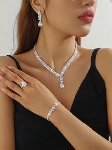 5件套奢华水钻几何项链、耳环、手链、戒指首饰套装，优雅时尚，适合婚礼、派对、日常通勤等场合。 - 銀色 - 查看 6