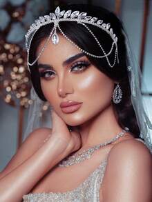 1pc Girls Luxury Rhinestone Tassel Pendant Crown, Shining Diamond Jewelry Wedding Beautiful Bride, Party Women Crown Royal Tiara - Silver - View 5