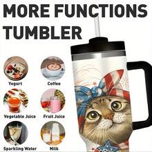 1pc 40oz Patriotic 4th Of July Stainless Steel Water Bottle With Handle And Straw - Insulated Leakproof For Fitness, Outdoor, Office - American Flag Design With Cute Cat Pattern, "Meowica" Patriotic Theme, 304 Stainless Steel, Perfect Holiday Gift For Adults, Outdoor Hydration, Holiday Theme, Durable Construction, Fitness Enthusiast Durable Stainless Steel Water Bottle With Detachable Cup For Daily Use, Water Bottle Coffee Bar Essentials| Perfect Grandpa Grandma & Best Friend Gifts - 黑色 - 查看 4