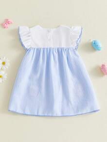 Infant Toddler Baby Girls Easter Dress Sleeveless Stripes Eggs Embroidery Letters A-Line Dress Princess Dress - 藍色 - 查看 6