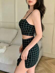 Traje De Dos Piezas A Cuadros Para Mujer - Verde militar - Ver 6