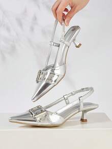 Women's Pointed Toe Metal Buckle High Heel Pumps, Spring/Summer - Silver - View 2