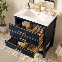 White Vanity Unit With Ceramic Basin – Freestanding Bathroom Unit With 2 Drawers And An Open Compartment, High-Quality Lacquered MDF Panel, Gold Handles, Without Tap Or Drain - Blue - View 12
