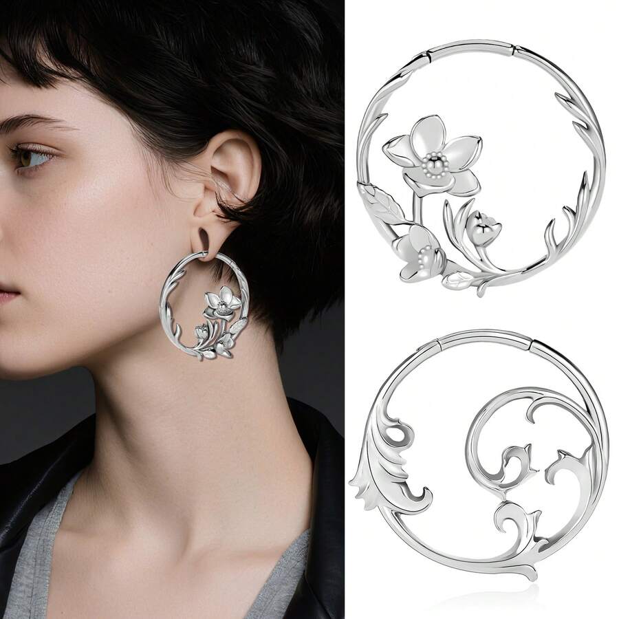 1件新款花朵造型316不锈钢圆形优雅耳坠，适用于耳垂拉伸穿孔，女士身体饰品耳环