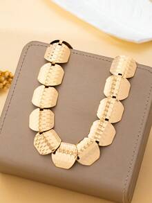 1pc Women's Necklace, Fashionable Exaggerated Punk Geometric Metal Texture Necklace, Suitable For Daily Wear - Yellow Gold - View 2