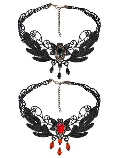 1pc Vintage Gothic Style Choker Necklace, Black Lace & Crystal Decor Choker Collar Necklace For Women