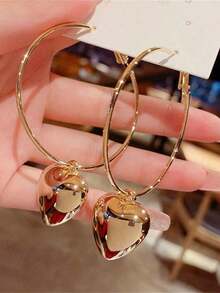 2pcs Fashionable Minimalist Exaggerated Big Hoop Heart Pendant Earrings, Holiday Party Date Gift For Daily Wear (No Card) - 銀色 - 查看 6