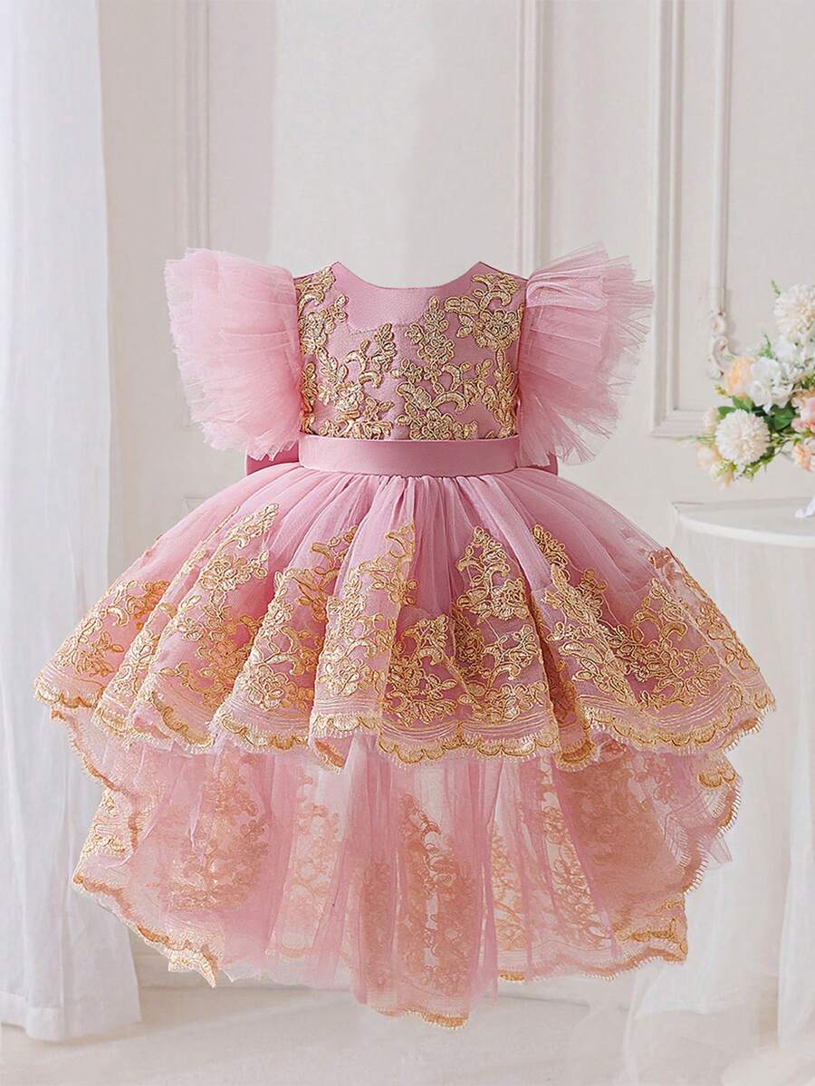 Baby Girls' Round Neck Embroidered Butterfly Back Bow Cute Wedding Flower Girl Trailing Dress, Suitable For Birthday Party, Outing, Does Not Include Headband - Dusty Pink - View 1