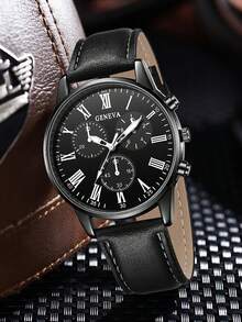 4件套男士PU皮表带、石英表链、项链、戒指首饰套装，商务复古简约罗马表盘，适合日常佩戴装饰或作为节日礼物送给朋友和父亲。 - 彩色 - 查看 3