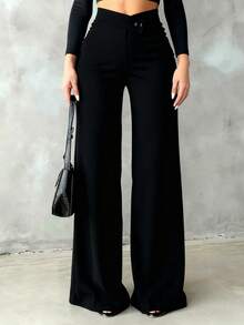 Women's Solid Black Casual Elegant Straight-Leg Pants, Back To School Asymmetrical V-Shaped Waistline Accentuates Curves, Suitable For Daily Wear, Office Commute, Dates, Holidays - Black - View 7