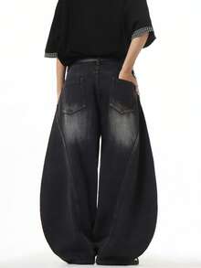 Justice Brother 1件装做旧直筒牛仔裤，饰有弯刀和猫须图案，休闲宽松版型 - 深灰色 - 查看 6