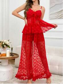 Valentine's Day Gift For Women,Red Heart - Print Lace Cami And Wide - Leg Pajama Set, Sexy Sleepwear For Women - 紅色 - 查看 5