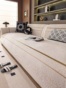 1pc Chenille Gold Line Bohemian Style Sofa Cover, Pet-Friendly Durable Dirt-Resistant, Non-Slip Backing, Machine Washable, Holiday Decor To Protect Sofa, Fits 3-Seater/4-Seater With Armrests, Autumn Decor, Room Decor, Back To School, School Supplies - Beige - View 3