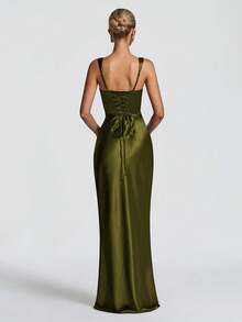 优雅缎面束腰系带紧身吊带裙，长款礼服，适合万圣节派对、鸡尾酒会、圣诞派对