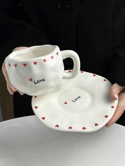 1 Set Vintage-Style Ceramic Coffee Cup And Saucer Set Featuring Heart Motifs, Hand-Pressed With Asymmetrical Hand-Painted Detailing. A Premium-Quality Dessert Plate, Ideal For Home Afternoon Tea Or Latte Cups, Breakfast Milk Cups, And Makes The Perfect Back-To-School Gift For Family And Friends Or The Ultimate Valentine's Day Present.