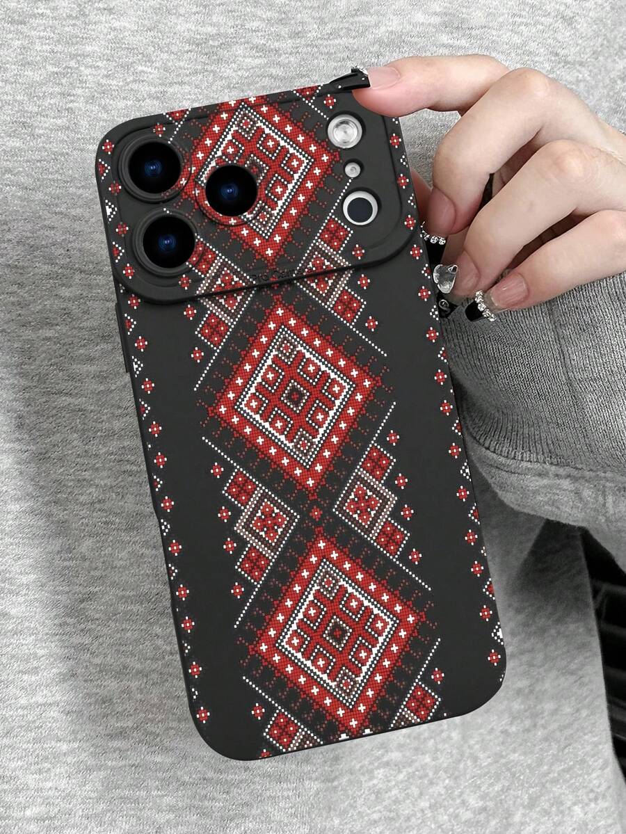 红白传统刺绣图案手机壳：时尚、流行、个性化，经典黑色图案设计主题，奢华防震，美观可爱，镜头凸起保护，兼容 17/17Pro/17Pro Max、16、15、14、13、12、11 Plus/Pro Max 及系列，以及 Galaxy S/A 系列，复活节礼物，生日装饰/礼物，送给女朋友、男朋友、朋友或自己 - 黑色 - 查看 1