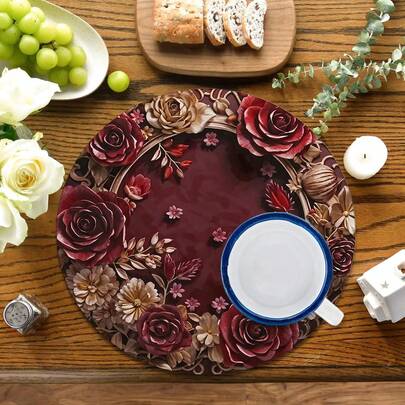 2pcs/4pcs/6pcs Red Rose Pattern Silicone Placemats, Valentine's Day Style, Holiday Gift, Decorations, Suitable For Dining Table, Coffee Bar, All Season, Washable Tabletop Mats, Room Decor, Coasters, Draining Mats, Kitchen Dining Placemats, Indoor/Outdoor Party Decor, Home Decor, Ideal Gift