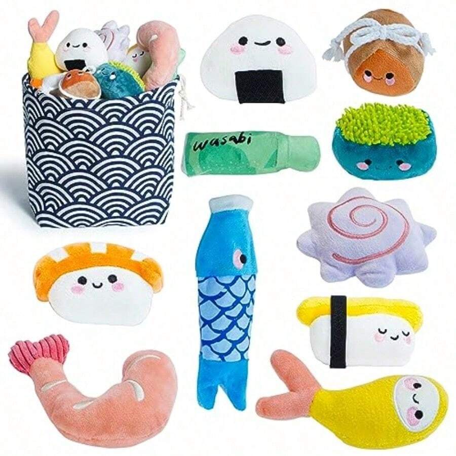 Nocciola 10 Piezas Juguetes de Sushi para Perros Pequeños Peluches Divertidos con Bolsa Juguetes de Perro de Peluche con Sonido para Perros Pequeños y Medianos Regalos de Cumpleaños para Perros - sushi - Ver 1