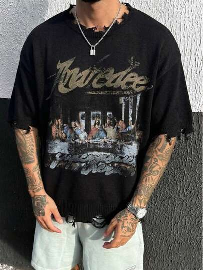 Blusa de manga corta con diseño gráfico de retrato, banda de rock punk y estilo callejero desgastado, nueva colección primavera/verano europea y americana