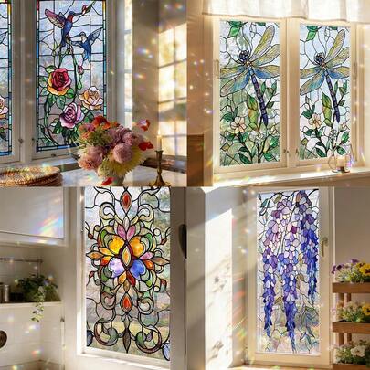 1/4 piezas Película de vidrio teñido estilo bohemio con patrón de colibrí y libélula, protección de privacidad estática, atrapasol para decoración del hogar, cocina, baño, pegatina de vidrio decorativa, calcomanías de prisma arcoíris