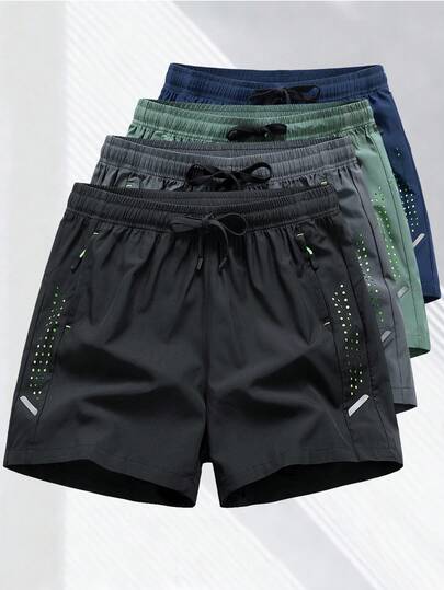 男士运动短裤，夏季抽绳松紧腰拉链口袋休闲短裤，薄款弹力户外休闲运动裤，黑色