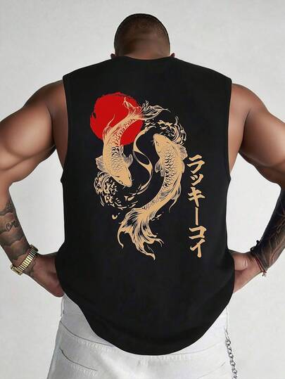 1 pieza Camiseta de tirantes de cuello redondo con estampado casual de verano para hombre, adecuada para deportes, fitness y uso diario