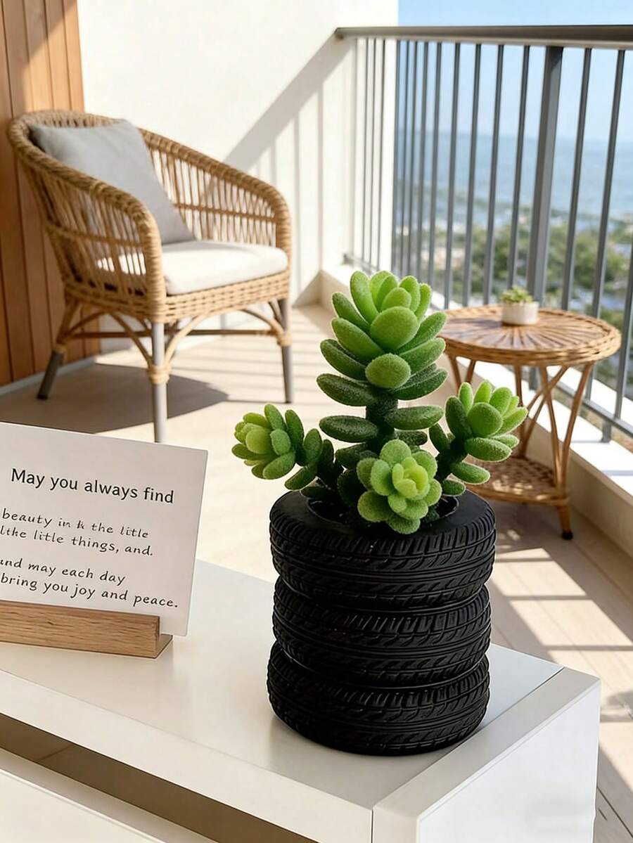 1个创意轮胎造型多肉植物花盆，绿色植物容器，家居花园装饰，带排水孔，适用于多肉植物、香草、仙人掌 - 户外桌面/办公桌装饰，轻便耐用