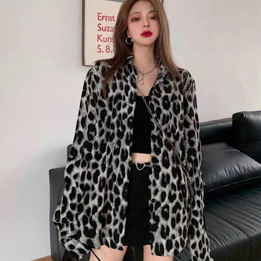 Áo sơ mi nữ cỡ lớn in họa tiết da báo, chất liệu vải dệt, dáng regular fit, tay dài đến cổ tay, cổ áo sơ mi, màu đen, thích hợp cho mùa xuân. - màu đen - Xem 1