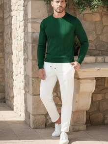 Men's Casual Ribbed Knit Sweater, Crew Neck, Minimalist And Fashionable For Everyday Wear - Green - View 1