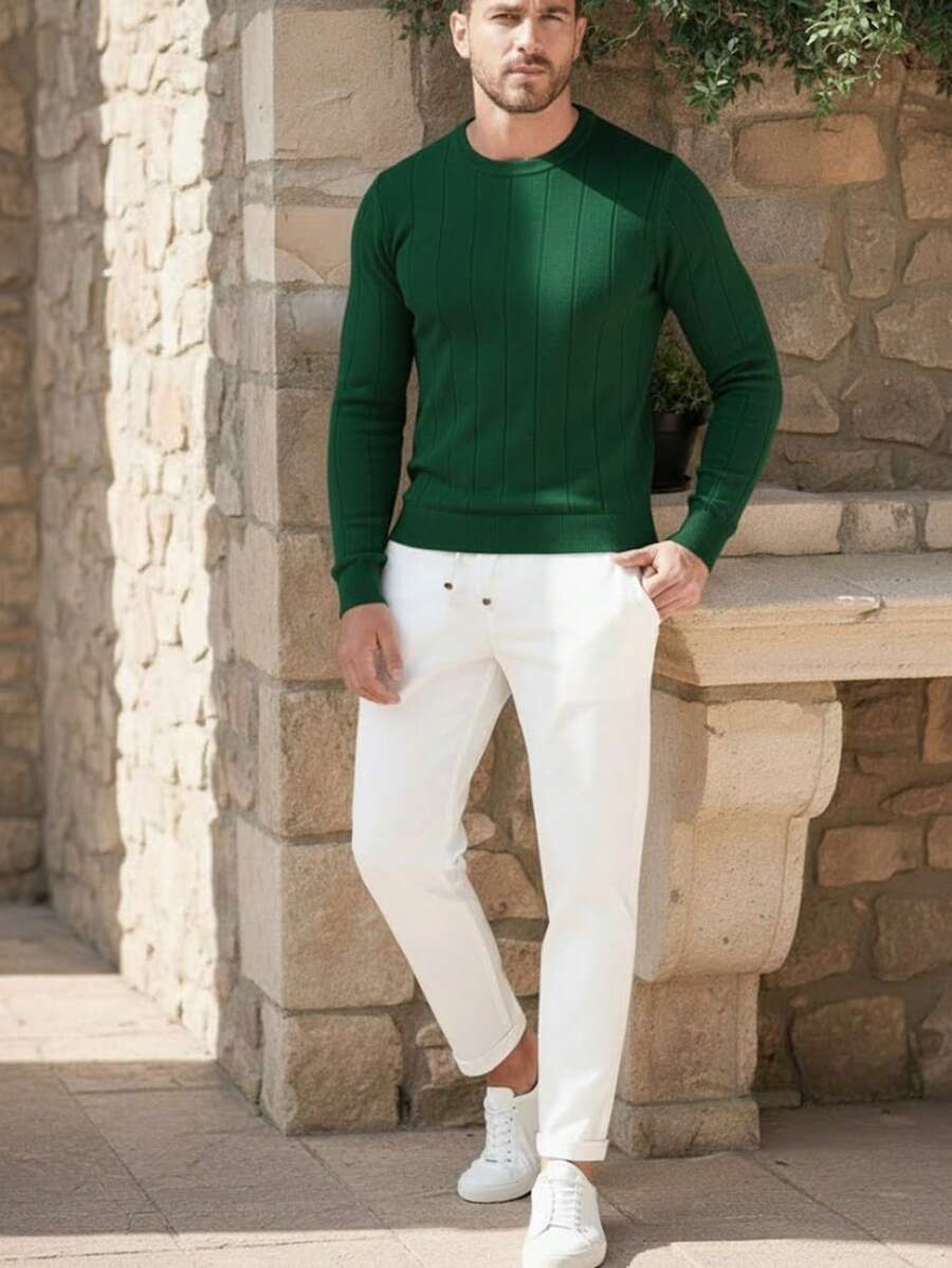 Men's Casual Ribbed Knit Sweater, Crew Neck, Minimalist And Fashionable For Everyday Wear - Green - View 1