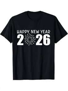 2026 Camiseta con Estampado de Fuegos Artificiales - Negra, Cómoda y Elástica, Cuello Redondo Unisex, Camiseta de Fiesta de Celebración de Año Nuevo - Negro - Ver 1