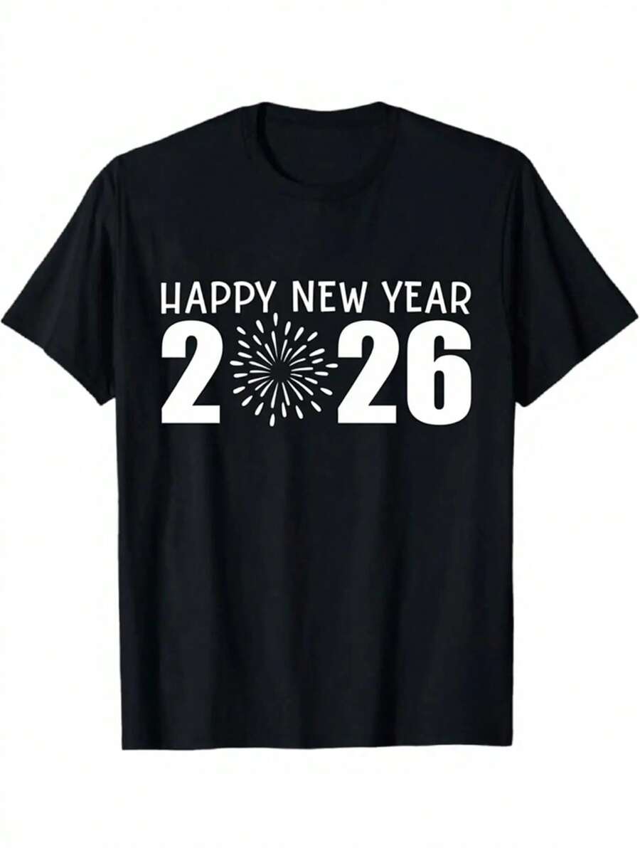 2026 Camiseta con Estampado de Fuegos Artificiales - Negra, Cómoda y Elástica, Cuello Redondo Unisex, Camiseta de Fiesta de Celebración de Año Nuevo - Negro - Ver 1