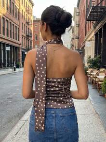 Women's Halter Neck Tops Sleeveless Dots Print Slim Fit Ruched Tank Tops Summer Shirts - Tan - View 2