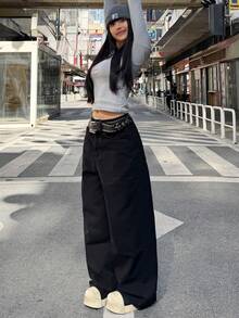 1 pieza Jeans anchos y sueltos de estilo casual para mujer, pantalones vaqueros versátiles y cómodos de estilo estadounidense para todas las estaciones (cinturón/accesorios no incluidos) - Negro - Ver 9