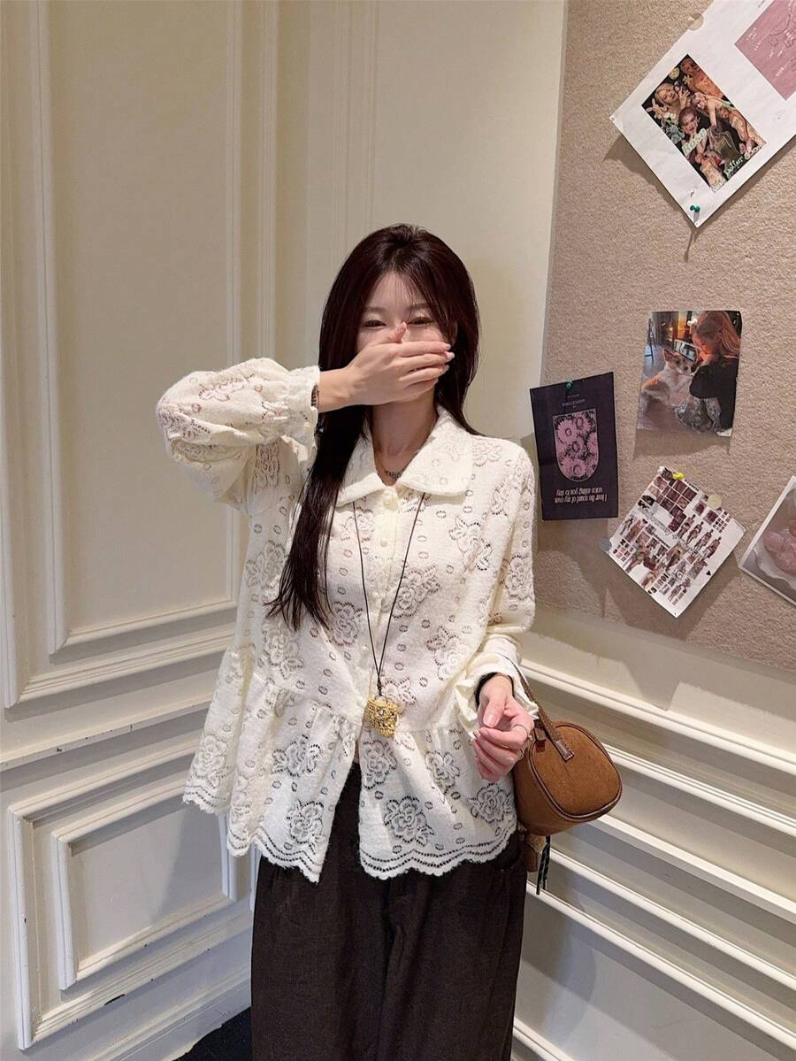 Sweet Peter Pan Collar Versatile Loose Fit Jacquard Long Sleeve Knit Shirt, Early Spring - Apricot - View 1