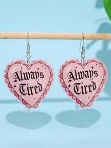 1 Pair Fashionable, Exquisite, Creative, Unique Sparkling "Always Tired" Letter, Pink Lace, Pearl Heart Acrylic Drop Earrings For Women, Suitable For Daily, Party, Commute, Holiday - Multicolor - View 4