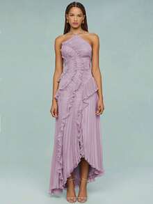 Women Ruffle Hem Pleated Sheer Mesh Long Maxi Dress Sleeveless Halter Neck Irregular Tiered Flowy Long Maxi Dresses For Wedding Guest Summer Holiday Beachwear - 紫羅蘭色 - 查看 3